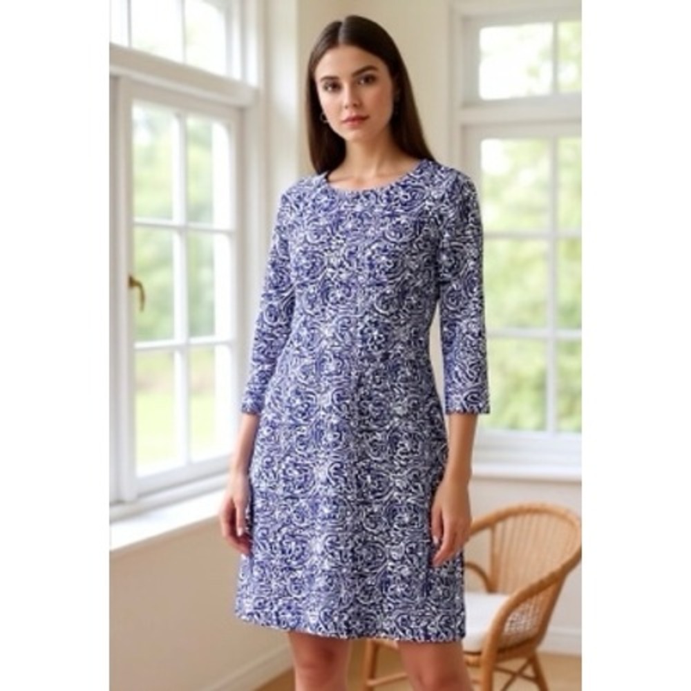J.McLaughlin Women's Blue & White Print 3/4 Sleeve A-Line Dress